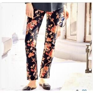 Soft Surroundings Straight Leg Ankle Floral Pull On Pants Size PM Black